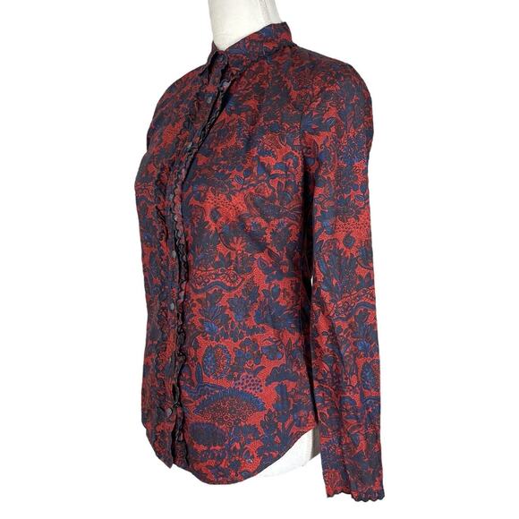 J. Crew Collection Scallop Ruffle Perfect Shirt Poinsettia Paisley Slim Size 0 - Picture 7 of 10